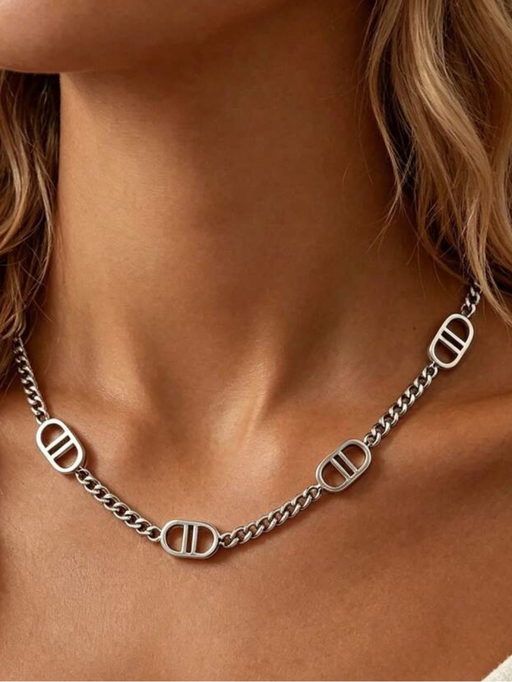 Silver Tone Oval Link Chain Necklace - Women Jewelry